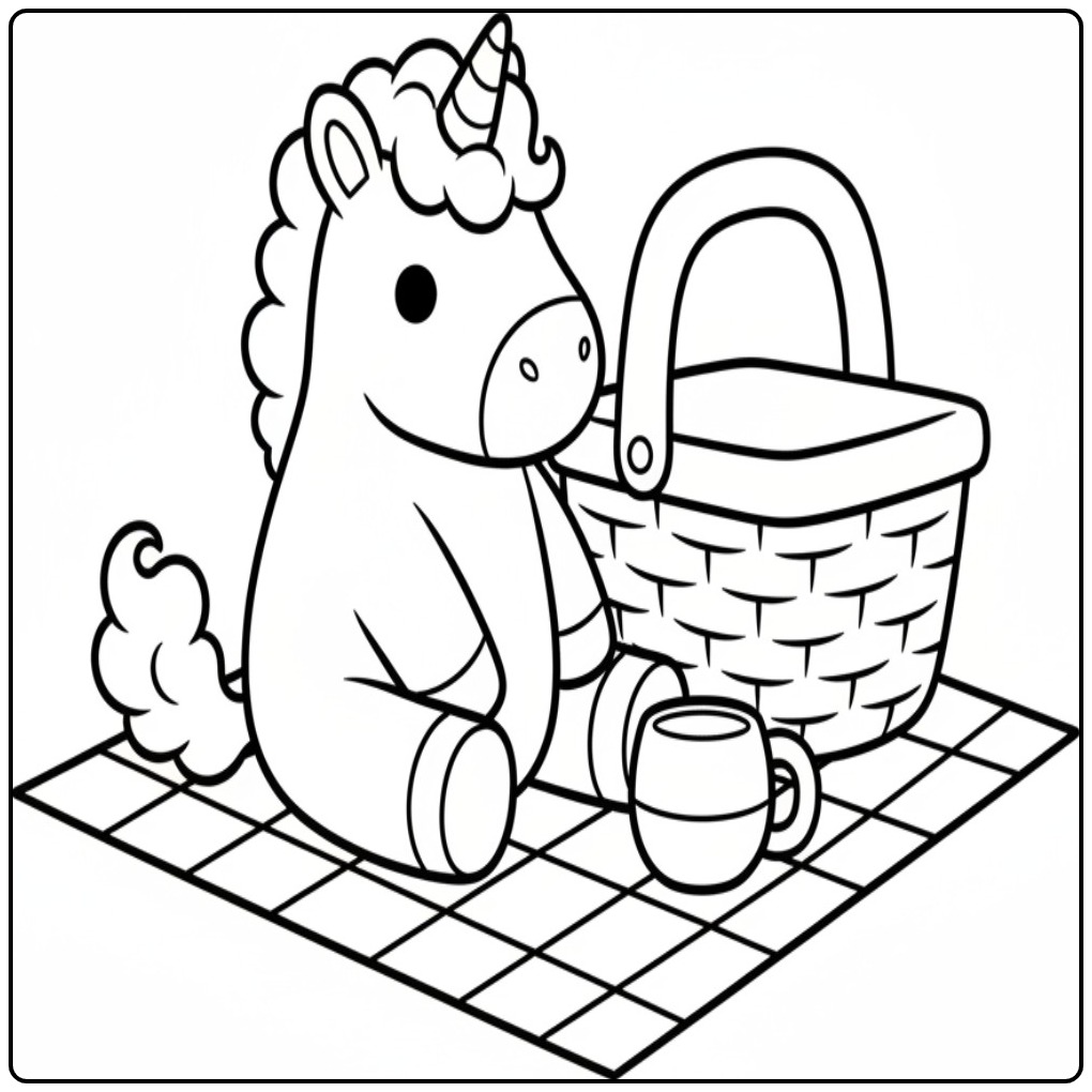 Een schattige unicorn kleurplaat makkelijk van een picknick.