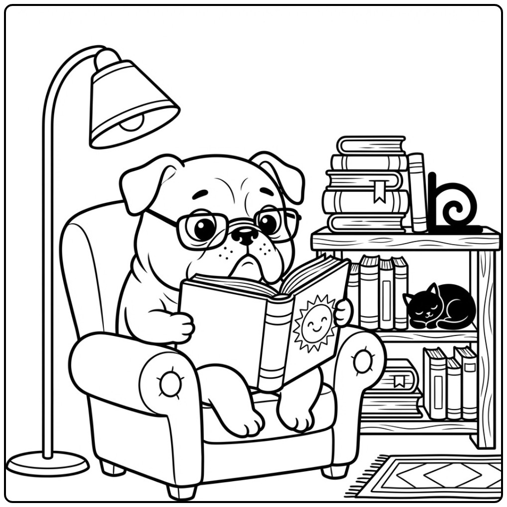 Een slimme hond met bril op een leuke kleurplaat bulldog.