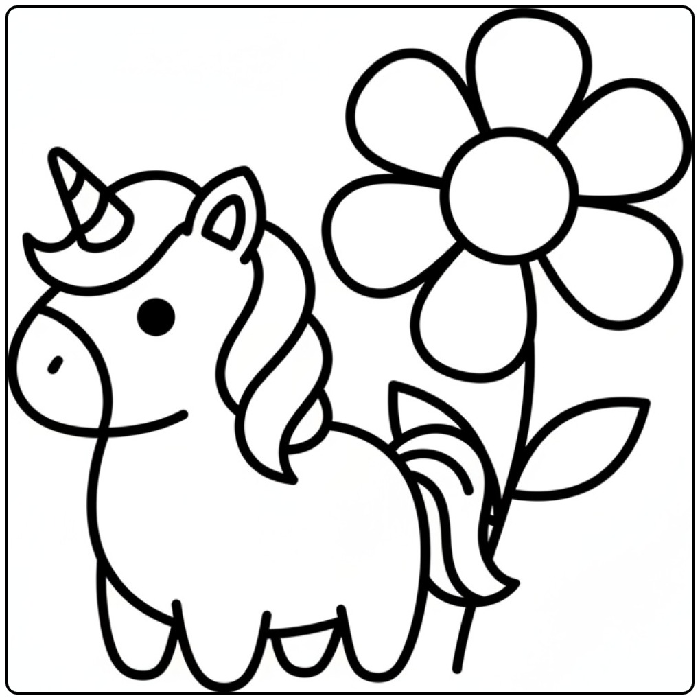 Schattige baby unicorn kleurplaat naast een grote bloem.