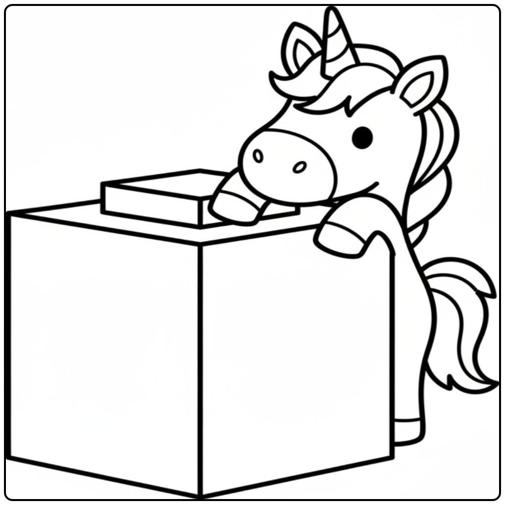 Een schattige baby unicorn kleurplaat kijkt nieuwsgierig over een doos.