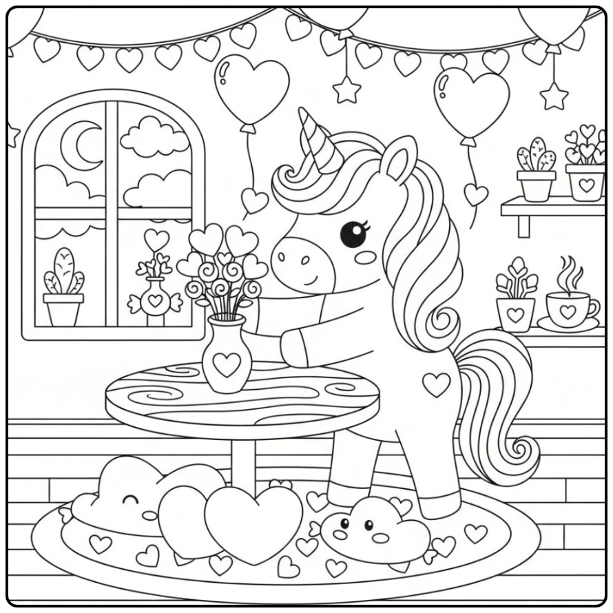 Een eenhoorn met een vaas hartjes, een Schattige unicorn valentijnskleurplaat.