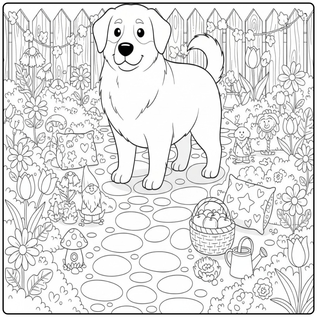 Gedetailleerde kleurplaat hond moeilijk van een Hovawart in tuin.