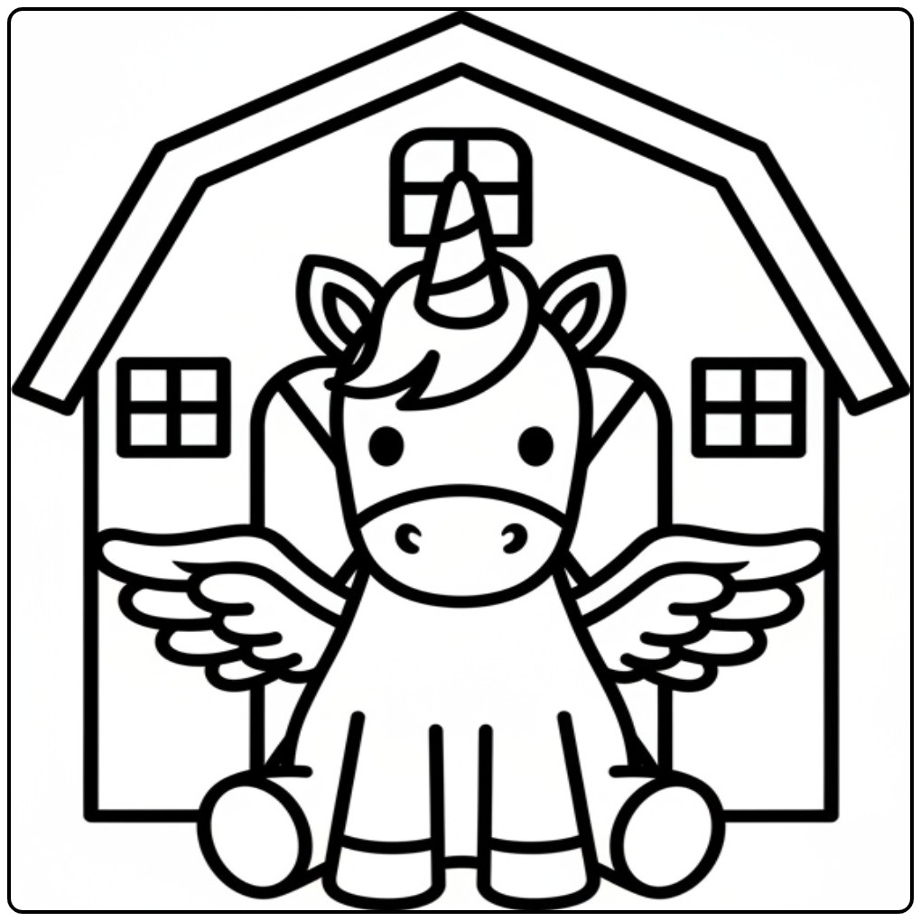 Schattige kleurplaat eenhoorn met vleugels voor een boerderij.