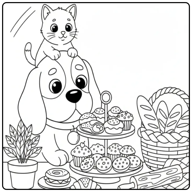 Schattige kleurplaat hond en kat kijken naar een bakkerij.