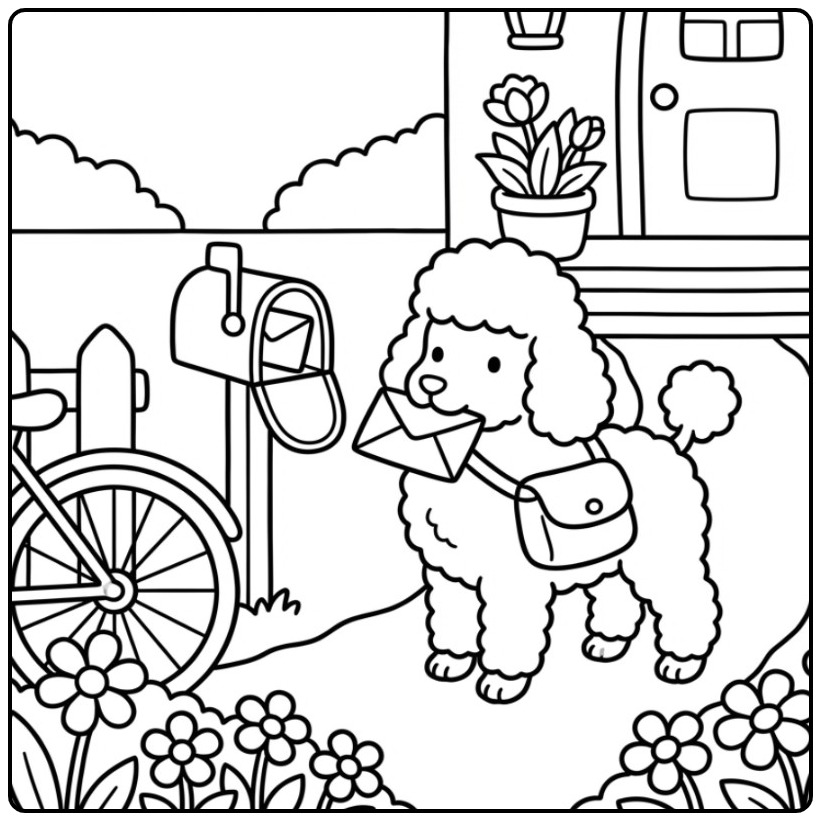 Schattige kleurplaat poedel met een brief bij de brievenbus.