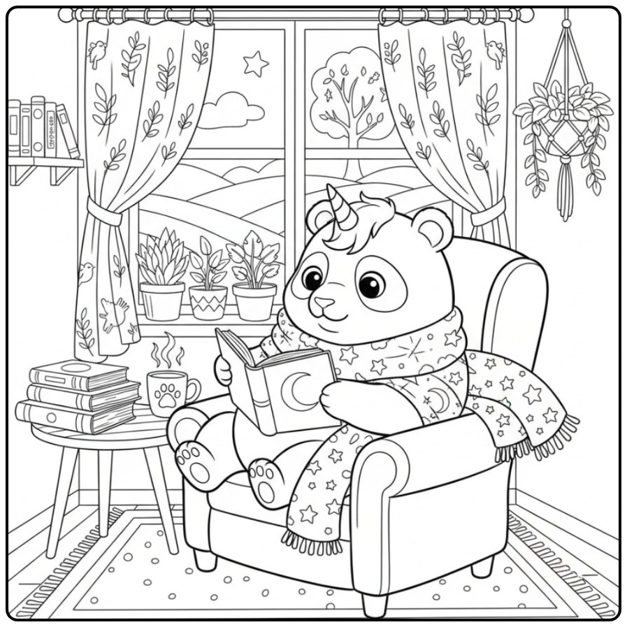 Gezellige unicorn panda kleurplaat van een dier dat leest.