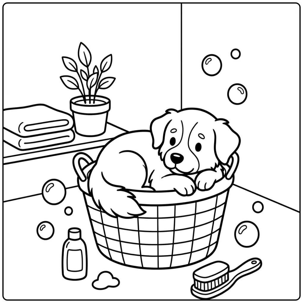 Een schattige kleurplaat hond makkelijk in een wasmand.