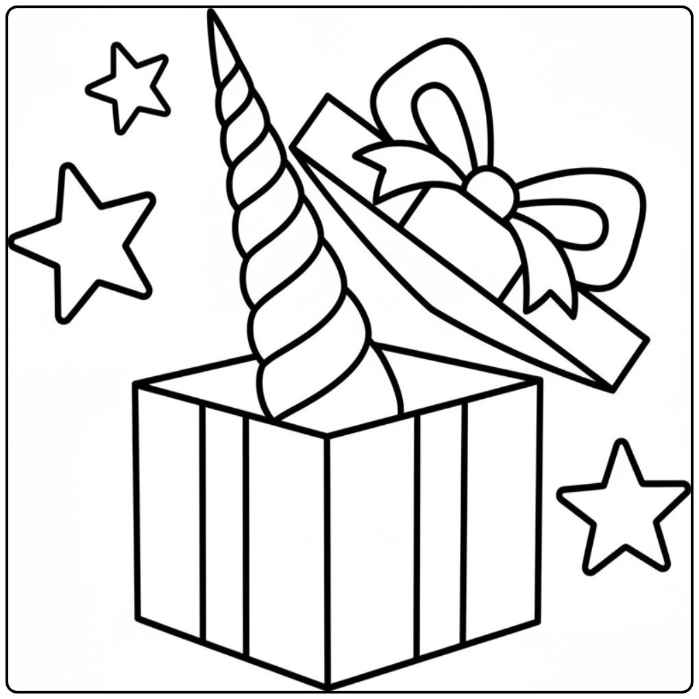 Verrassingsdoos met een magische unicorn hoorn kleurplaat.