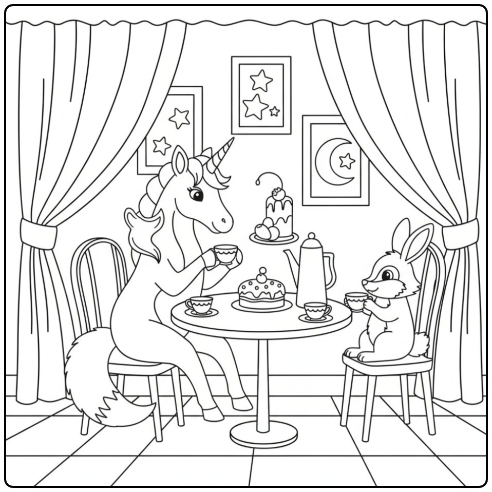 Schattige eenhoorn en konijn met thee, kleurplaat unicorn verjaardag.