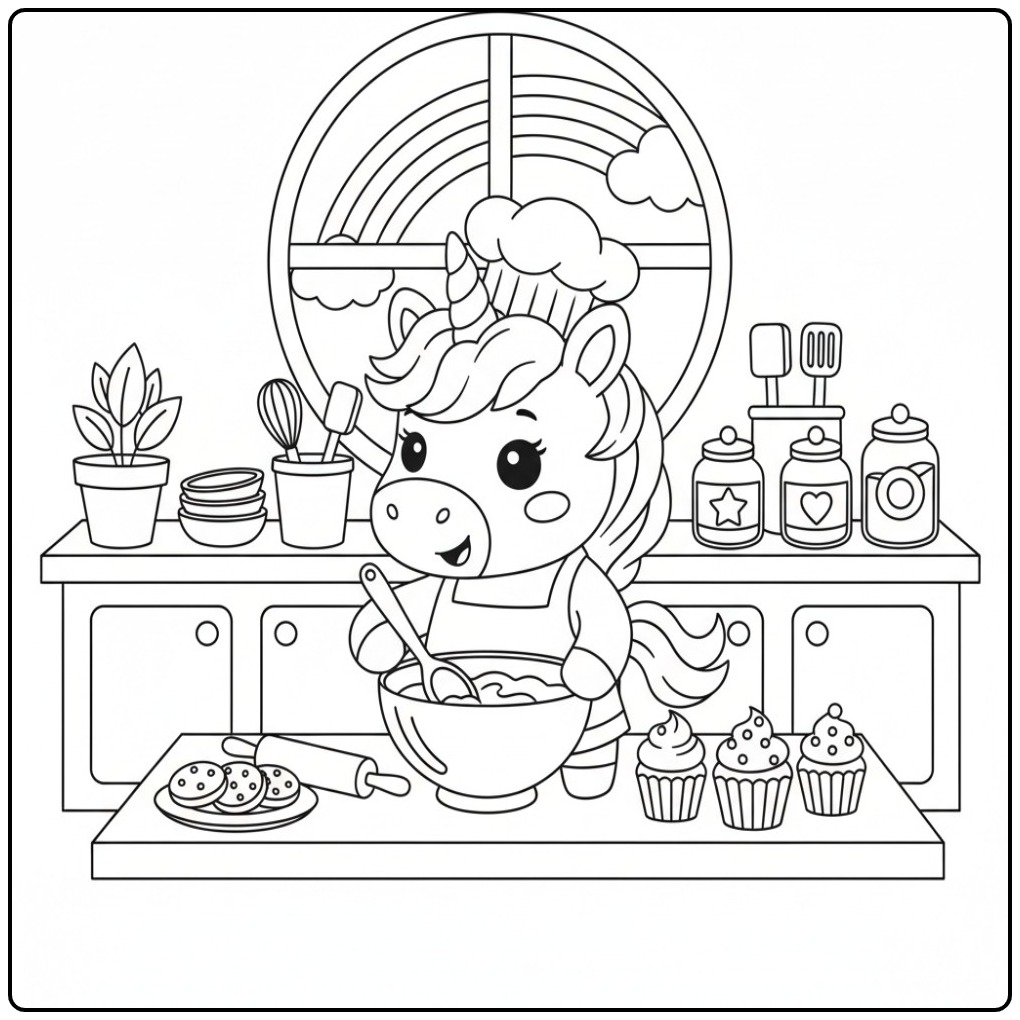 Een vrolijke bakker op deze kleurplaat unicorn regenboog.