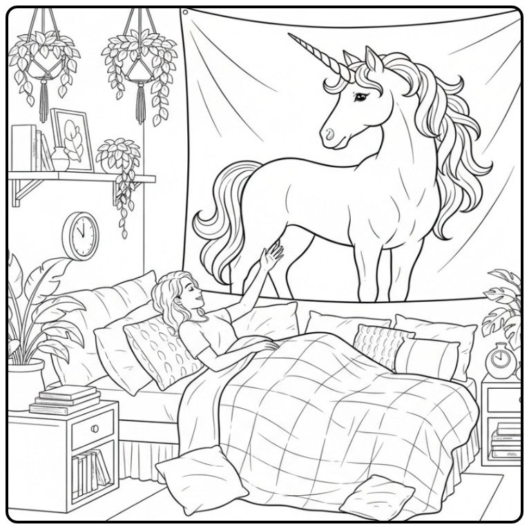 Meisje in bed reikt naar een unicorn kleurplaat makkelijk.