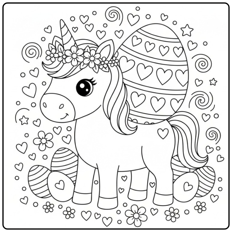 Kleurplaat eenhoorn met hartjes voor Pasen, om in te kleuren.