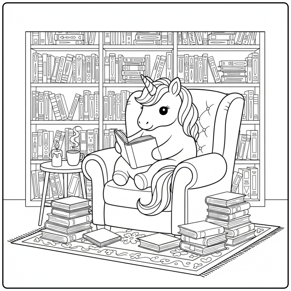 Lezende eenhoorn in een bibliotheek, kleurplaat eenhoorn schattig.