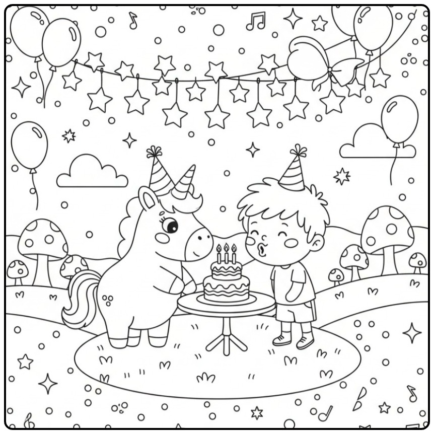 Leuke Kleurplaat eenhoorn verjaardagsfeest met vrienden en een jongen.
