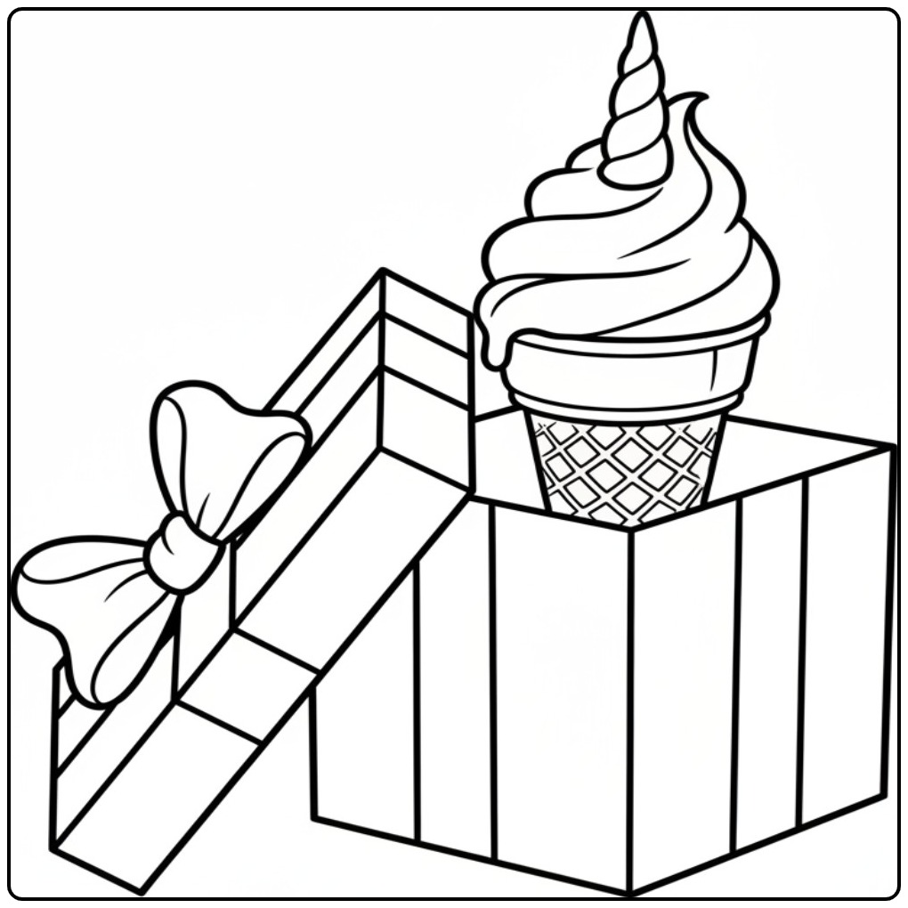 Kleurplaat unicorn ijsje in open cadeau: klaar voor jouw kleuren!