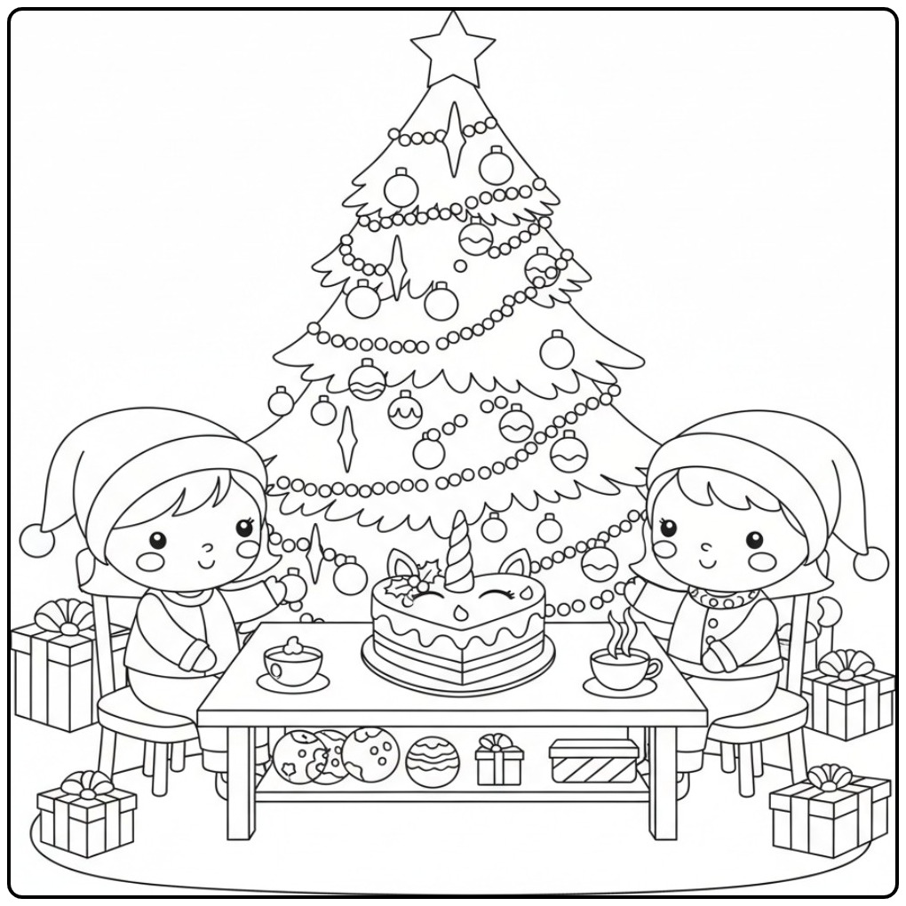 Gezellige scène met een Kleurplaat unicorn kerst taart.