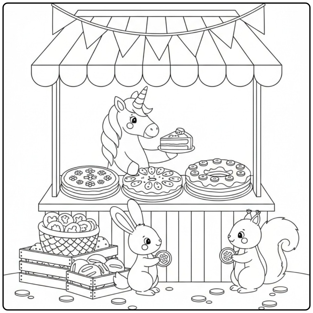 Leuke kleurplaat unicorn taart met een konijn en eekhoorn.