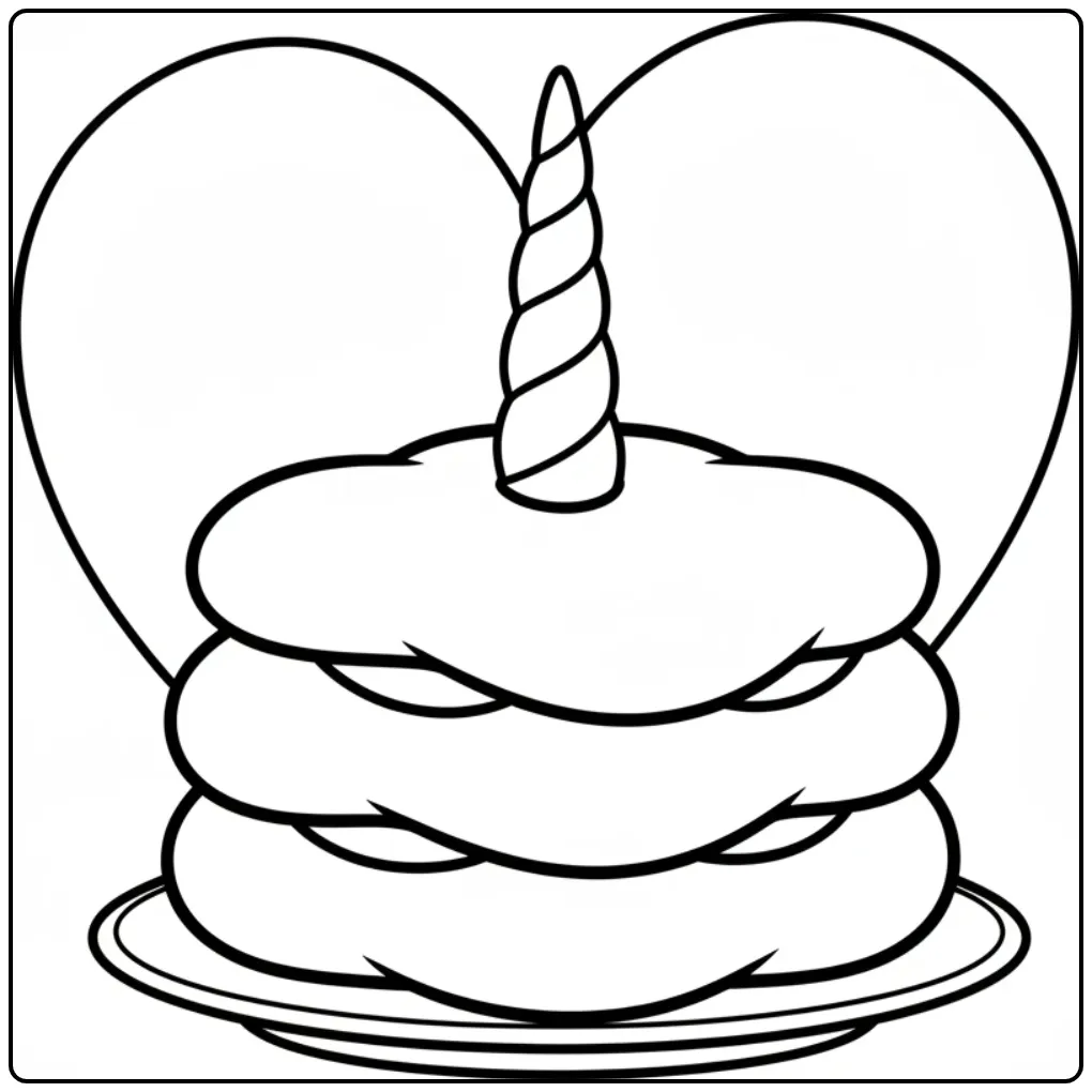 Eenvoudige kleurplaat unicorn taart met een hart op de achtergrond.