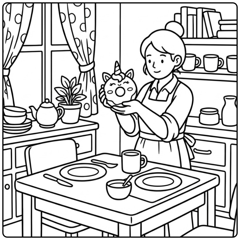 Vrouw in keuken toont een schattige kleurplaat donut unicorn.