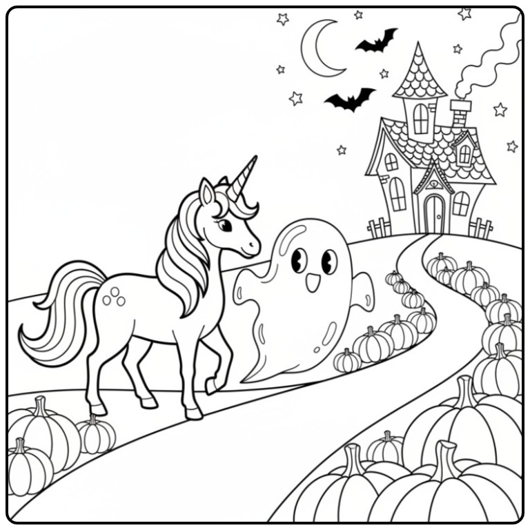 Een schattige unicorn halloween kleurplaat met een spookje.