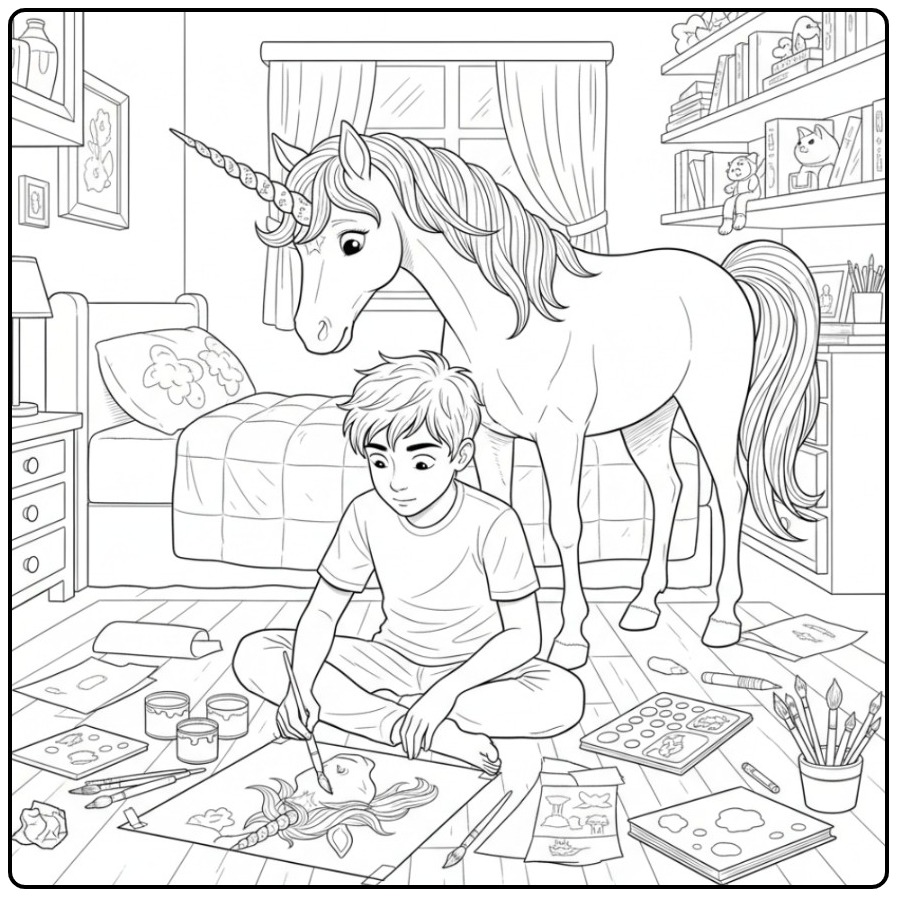 Jongen schildert een gedetailleerde unicorn hoorn kleurplaat.