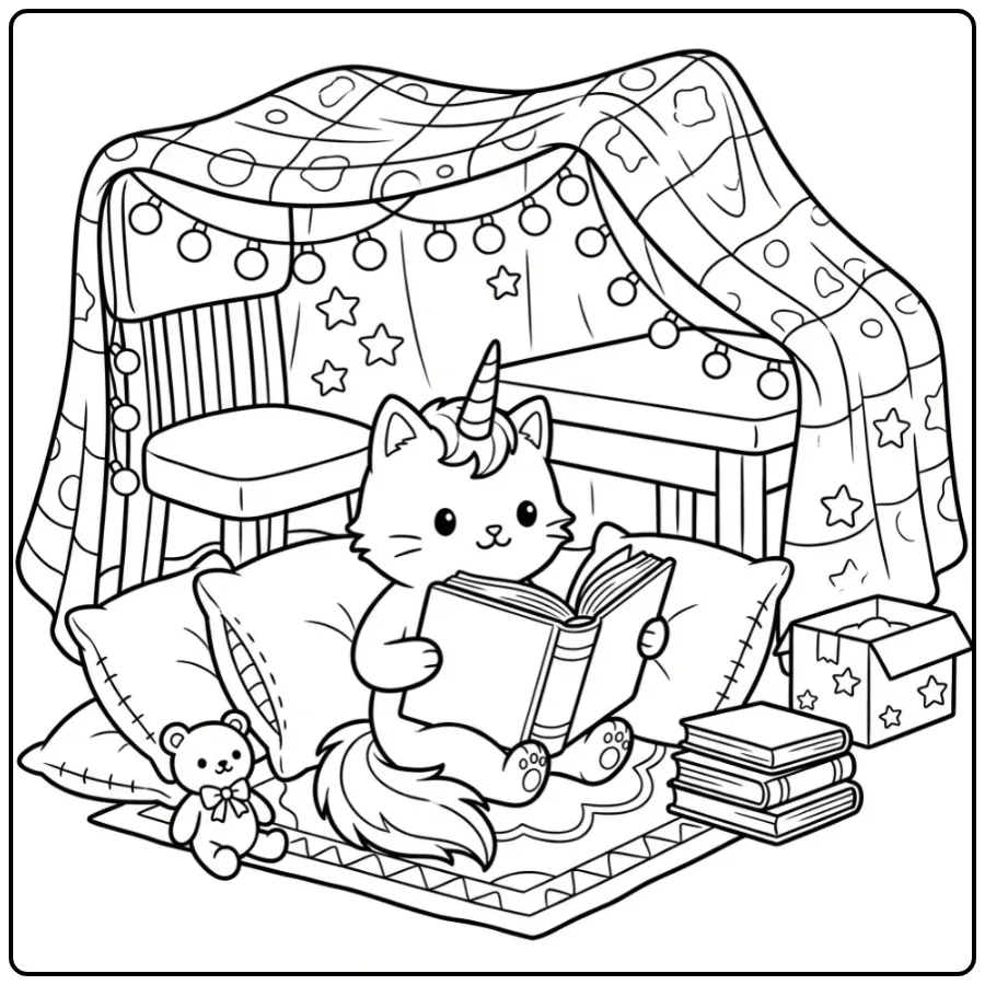 Schattige unicorn kat kleurplaat lezend in een knus fort.