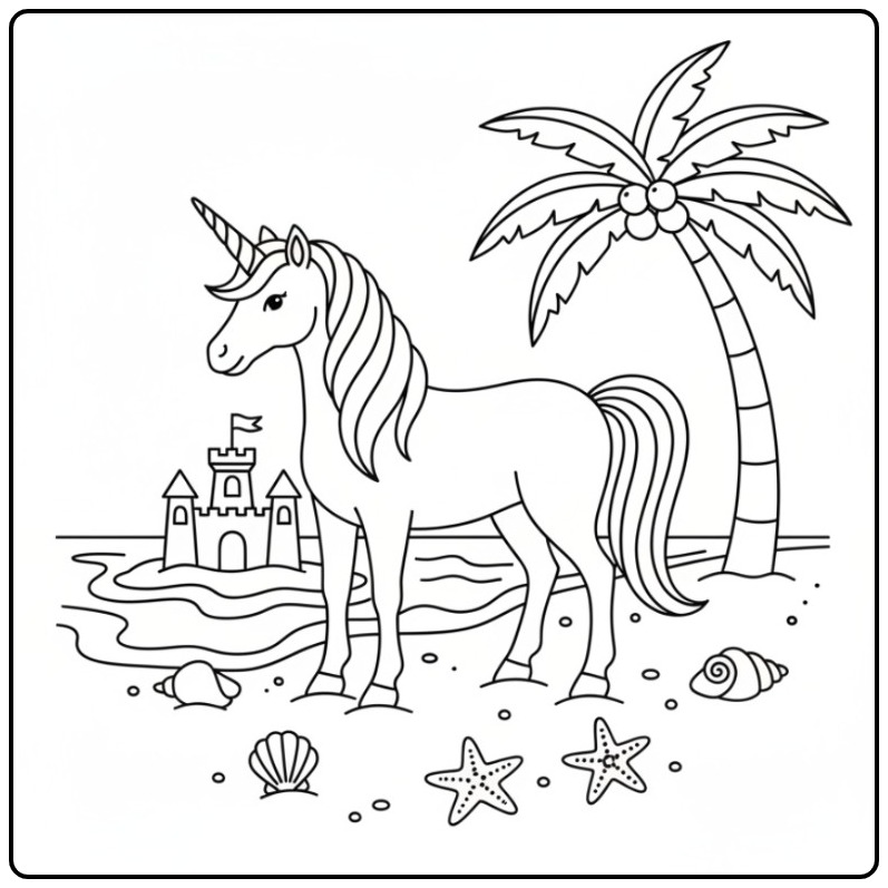 Een vrolijke unicorn kleurplaat makkelijk met een palmboom.
