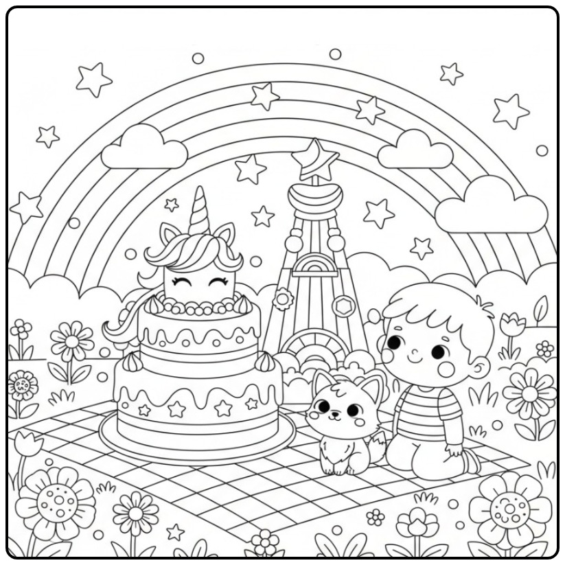 Vrolijke jongen met een Unicorn taart en regenboog kleurplaat.