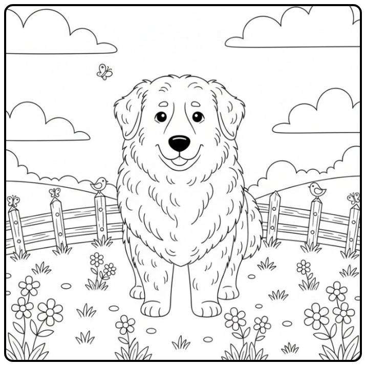 Gedetailleerde kleurplaat hond moeilijk met een Pyrenese berghond.