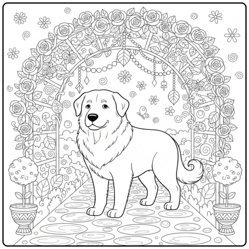 Een trotse Kuvasz in een decoratieve tuin, kleurplaat hond moeilijk.