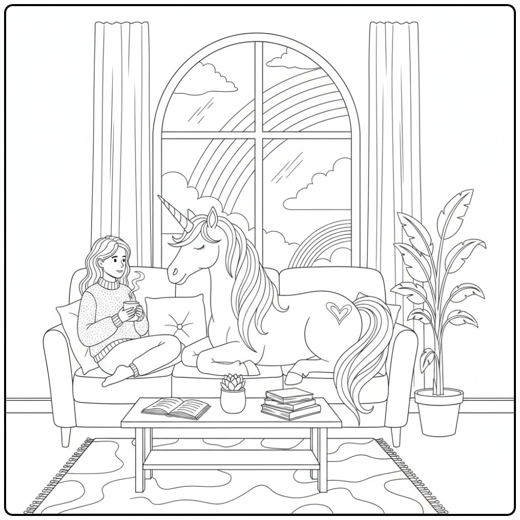 Gezellige woonkamer met kleurplaat unicorn regenboog op de bank.