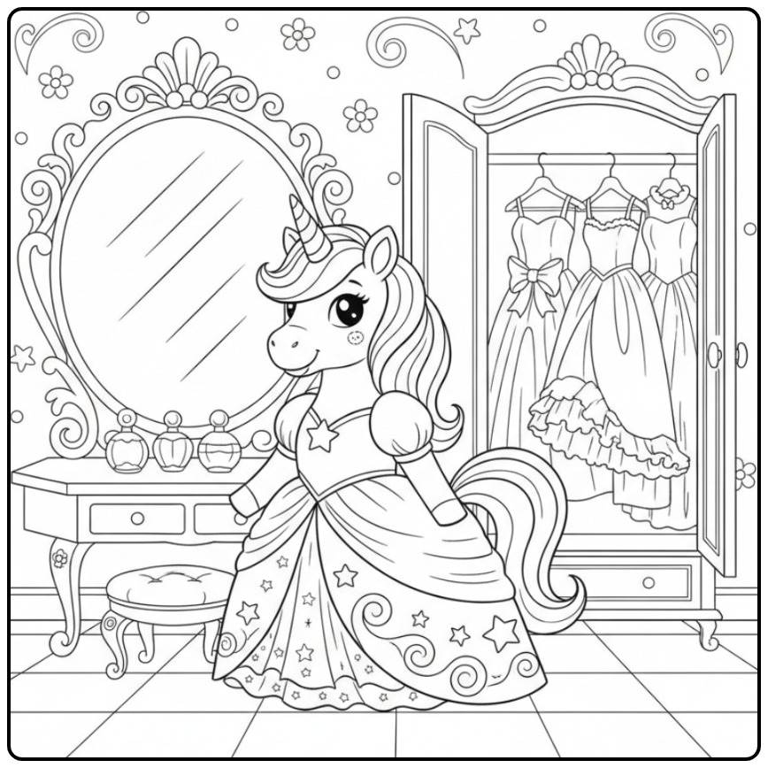 Een schattige, makkelijke unicorn prinses kleurplaat in een kamer.