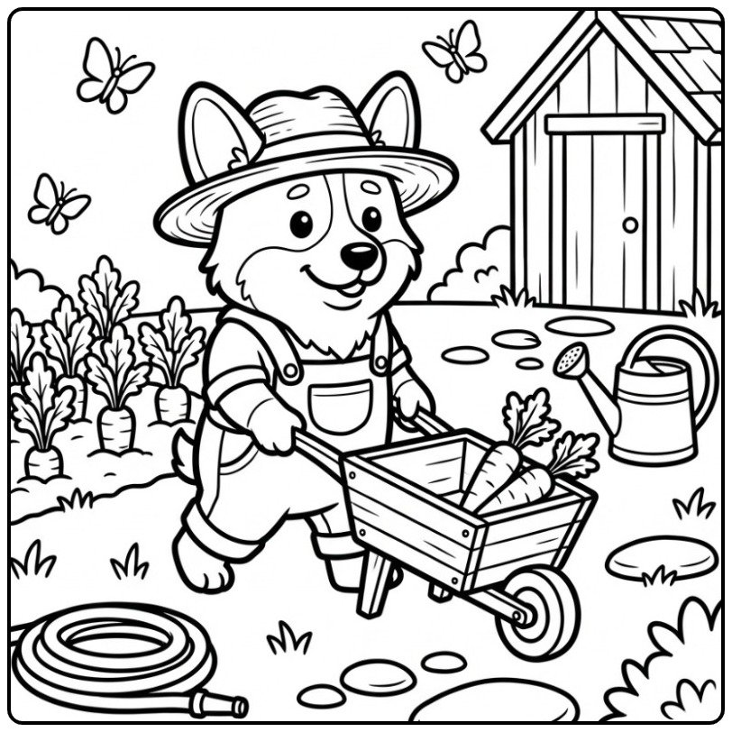 Vrolijke boer op een corgi kleurplaat met een kruiwagen.