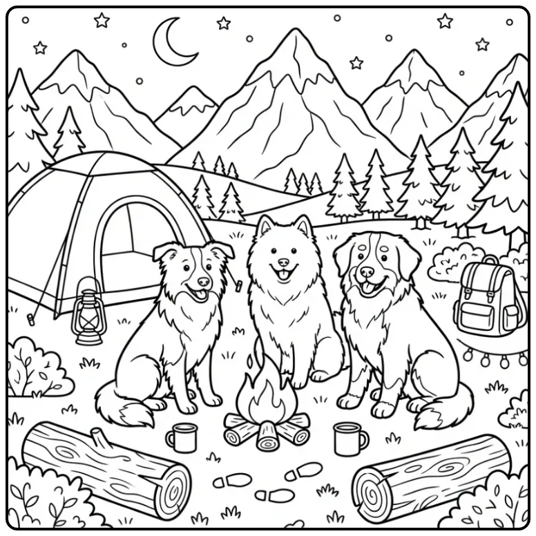 Drie vrienden op een schattige honden kleurplaat buiten.