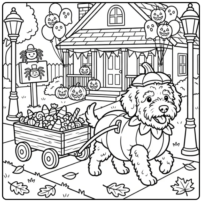 Vrolijke kleurplaat halloween hond verkleed als een pompoen.