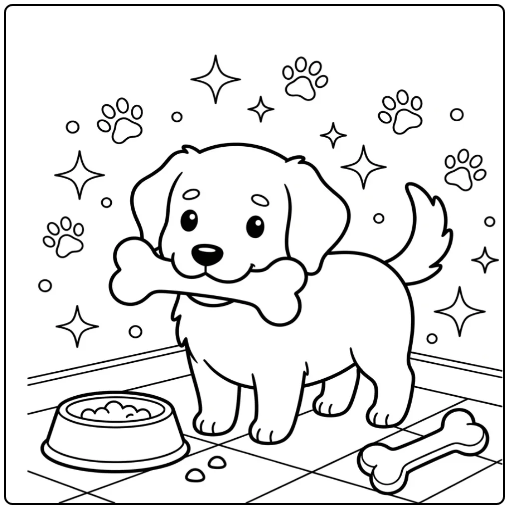 Lieve Stabyhoun pup, een kleurplaat hond makkelijk met een groot bot.