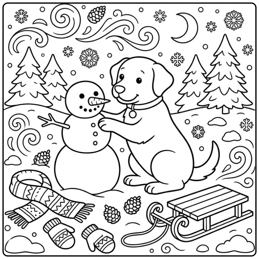 Vrolijke kleurplaat kerst hond bouwt een sneeuwpop vriendje.