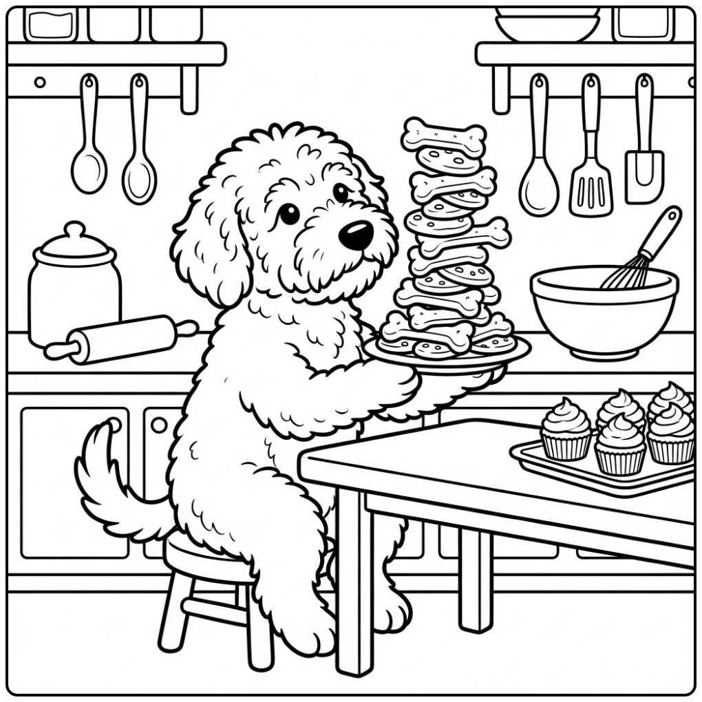 Leuke kleurplaat labradoodle met een toren van hondenkoekjes.