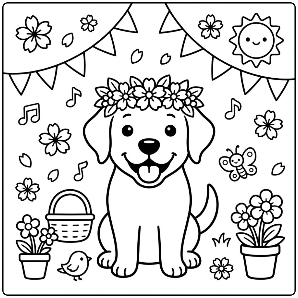 Vrolijke kleurplaat labrador met een bloemenkrans en muziek.