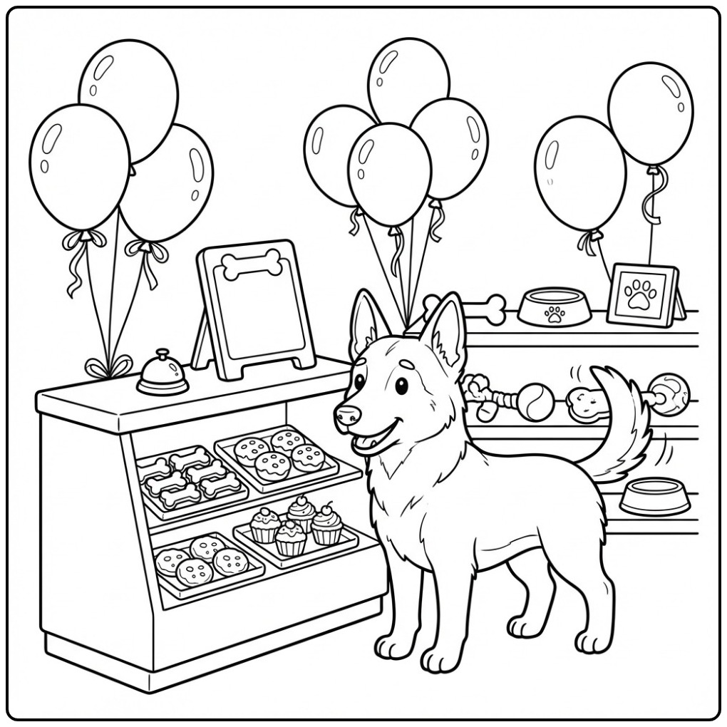 Leuke kleurplaat mechelse herder in een vrolijke dierenbakkerij.