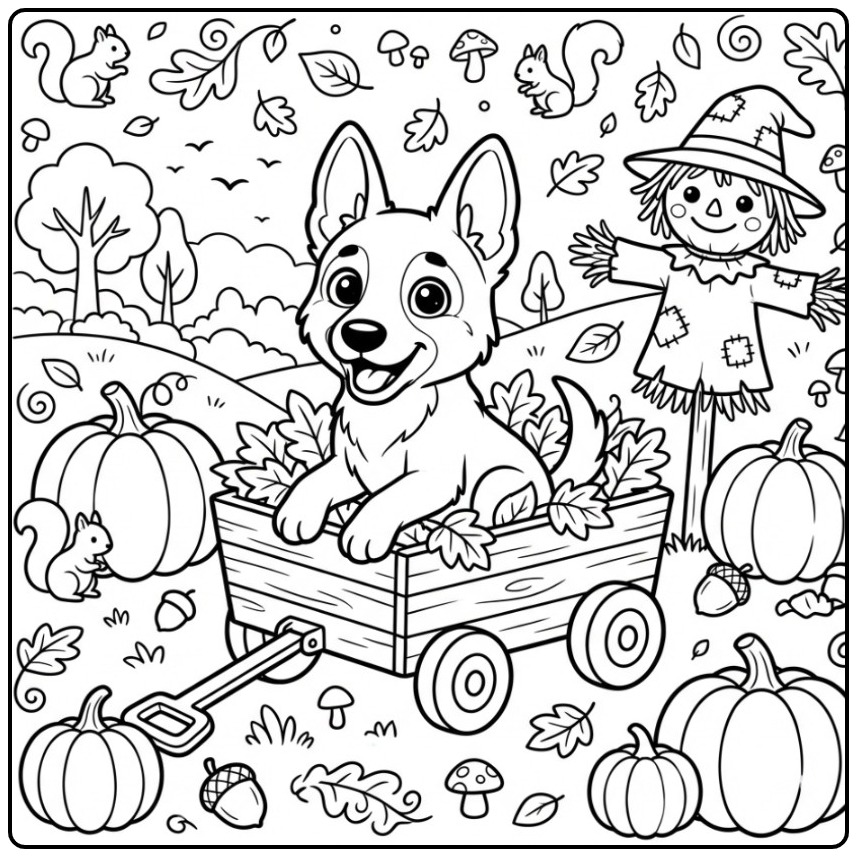 Vrolijke kleurplaat mechelse herder in een wagen met herfstblad.