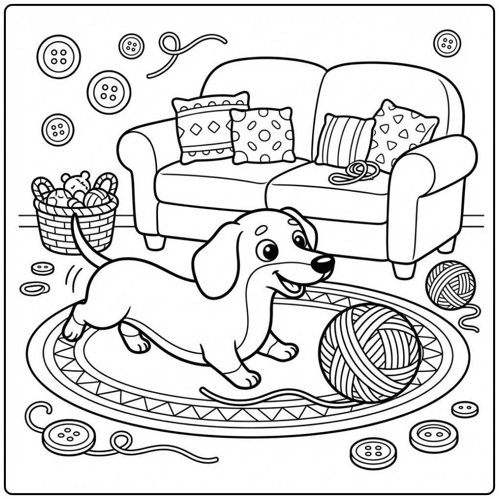 Speelse kleurplaat teckel met een bol wol en knopen.