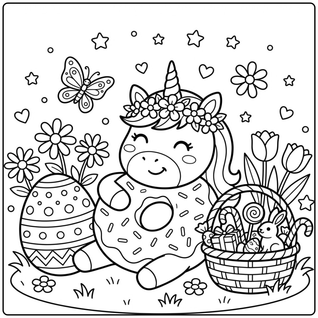 Vrolijke Pasen donut eenhoorn kleurplaat met een paasei.