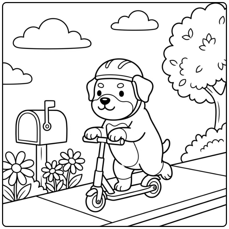 Vrolijke rottweiler kleurplaat van een hond op een scooter.