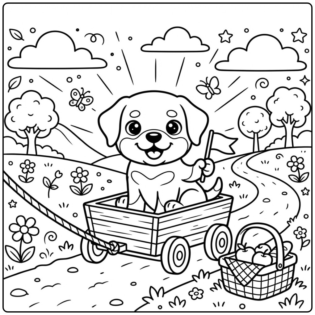 Leuke rottweiler kleurplaat van een hond in een wagen.