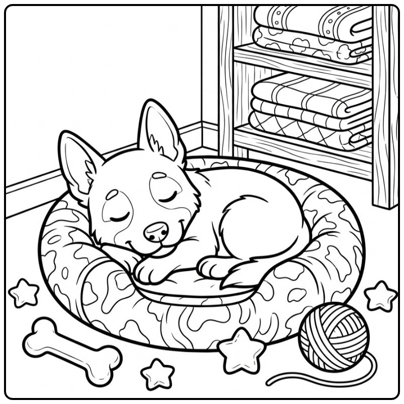 Dromende puppy in een mand, een lieve kleurplaat mechelse herder.