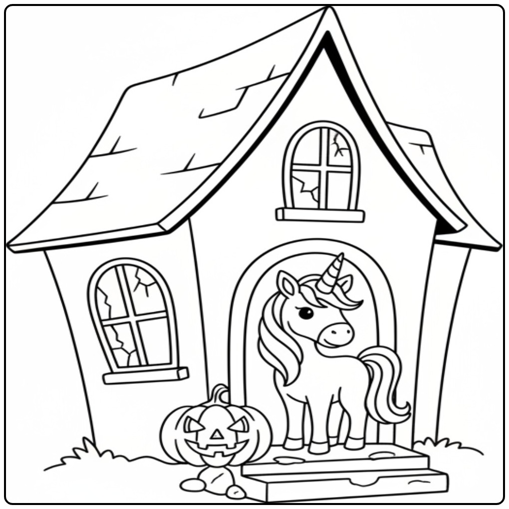 Een leuke unicorn halloween kleurplaat met een spookhuisje.