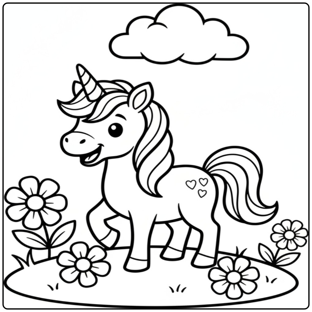 Een vrolijke en simpele unicorn kleurplaat makkelijk voor kids.