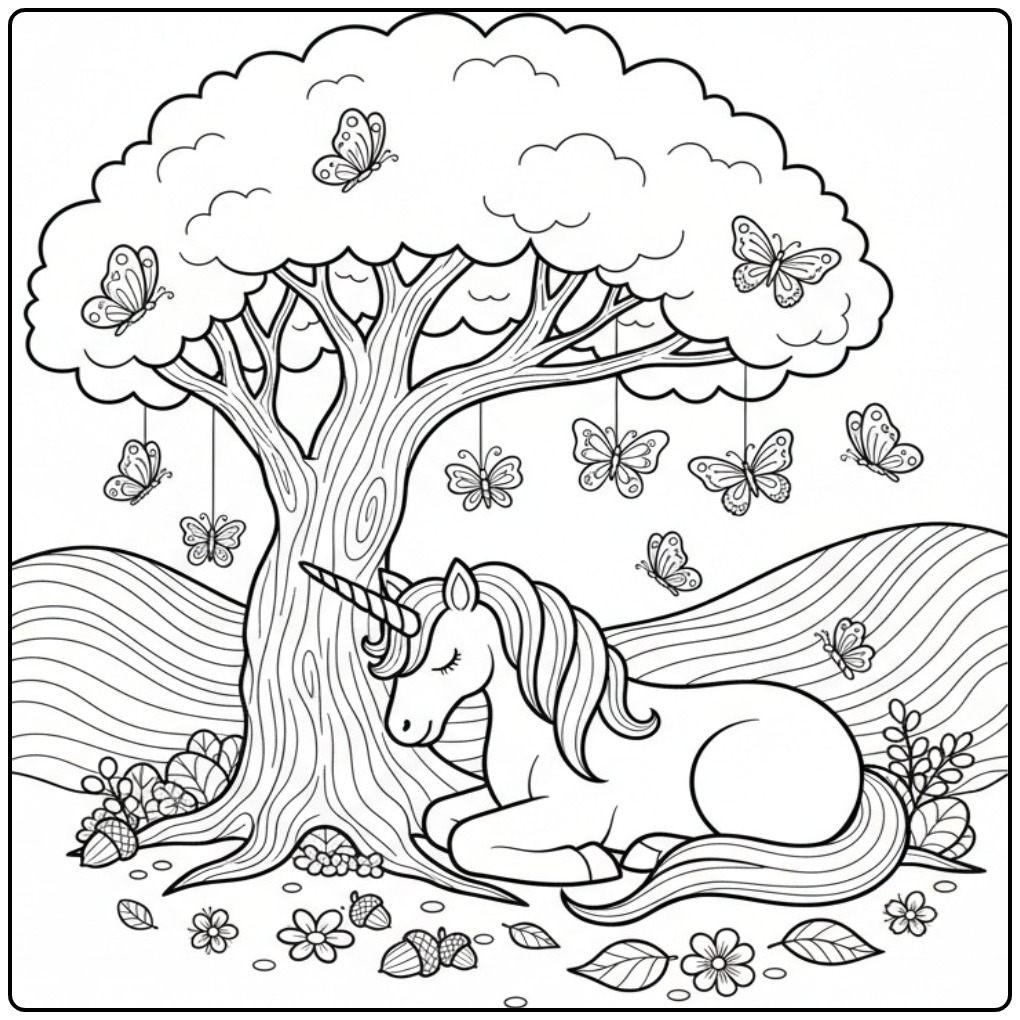 Vredige vlinders kleurplaat unicorn slaapt onder boom, omringd door vliegende vlinders.