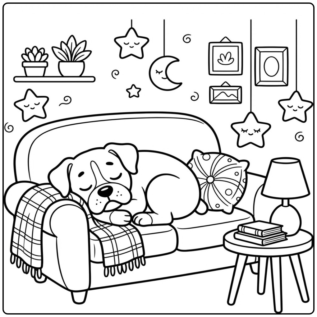 Schattige dromende hond op de bank, een kleurplaat boxer hond.